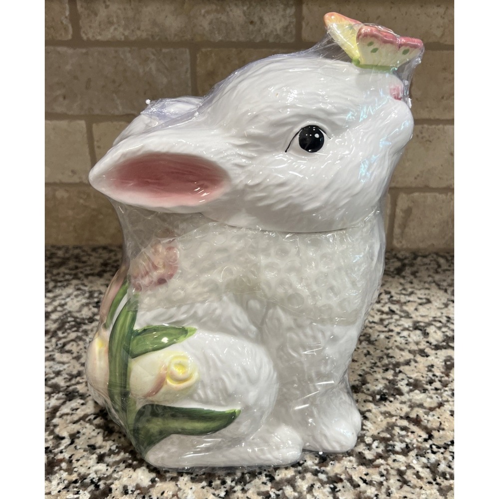 New Cracker Barrel Bunny Party Cookie Jar Ceramic Bunny Rabbit W/Butterfly Decor